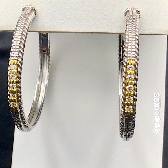 EUC Judith Ripka JR TWO Pave Diamond Large Linen 1.5” Hoop Earrings - Picture 2 of 9